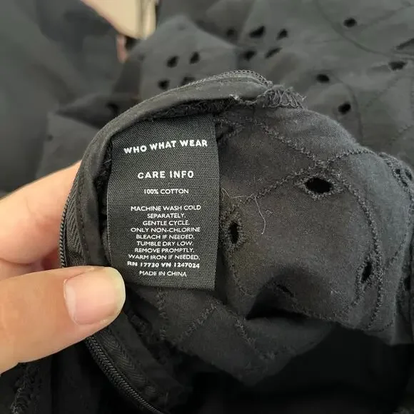 Who What Wear, Eyelet Peplum Top, Black, 100% Cotton, Puff Sleeve Blouse - Picture 5 of 12